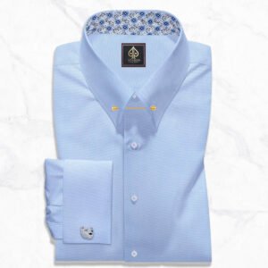 Spades New York men's light blue pin collar dress shirt in premium Royal Oxford Giza cotton featuring French square cuffs with a cheetah cufflink and a gold collar bar.