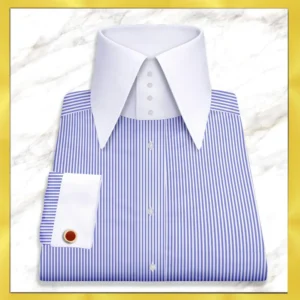 Mens Blue Striped Giza Cotton High Collar Dress Shirt