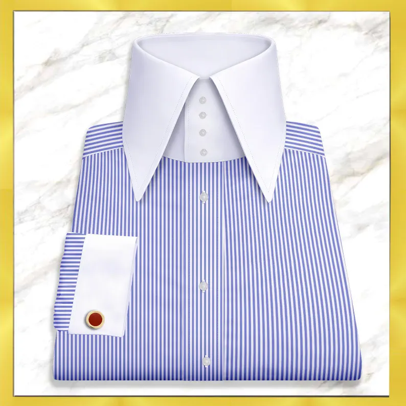 Mens Blue Striped Giza Cotton High Collar Dress Shirt